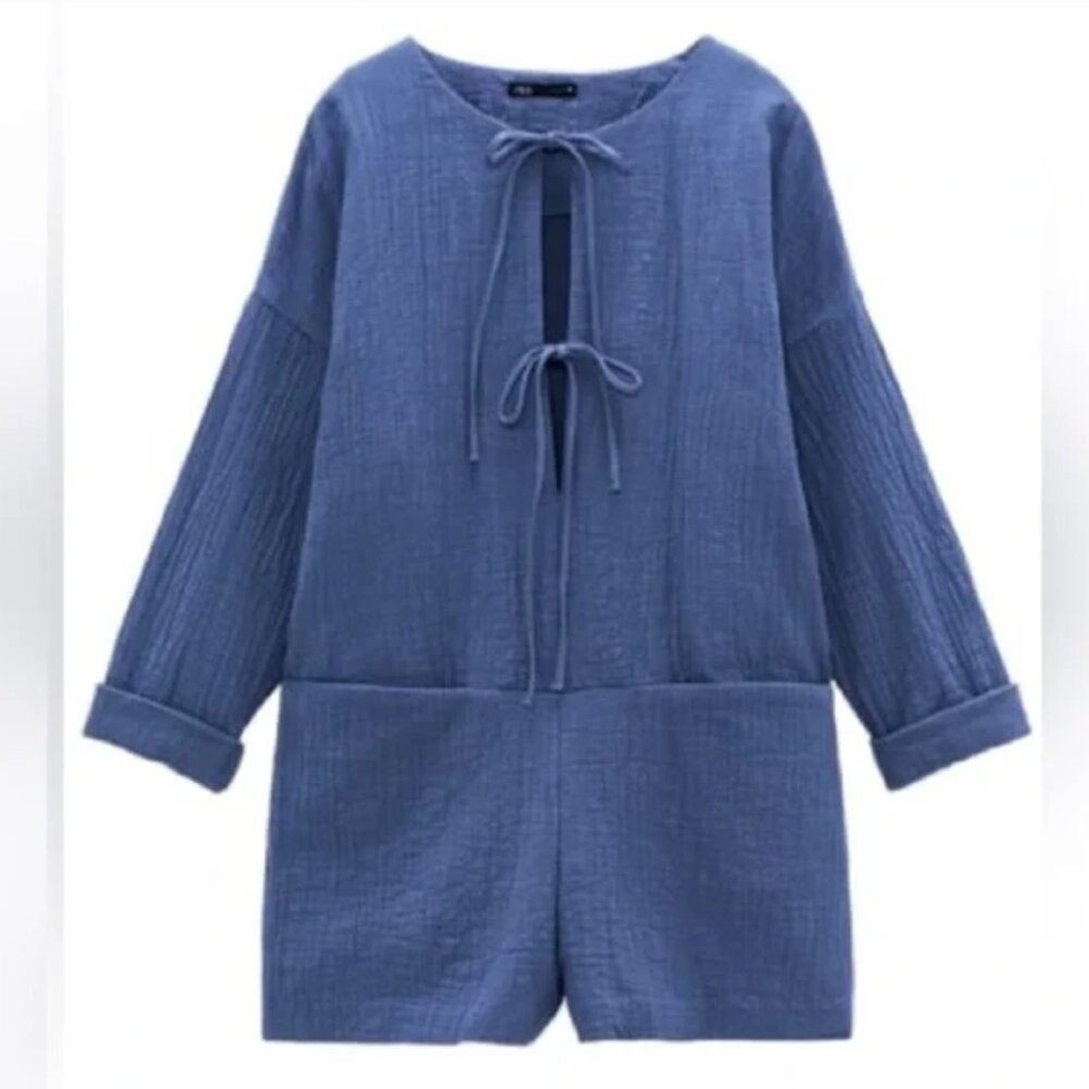 ZARA / Light Blue Textured Tie Front Lose Romper - S